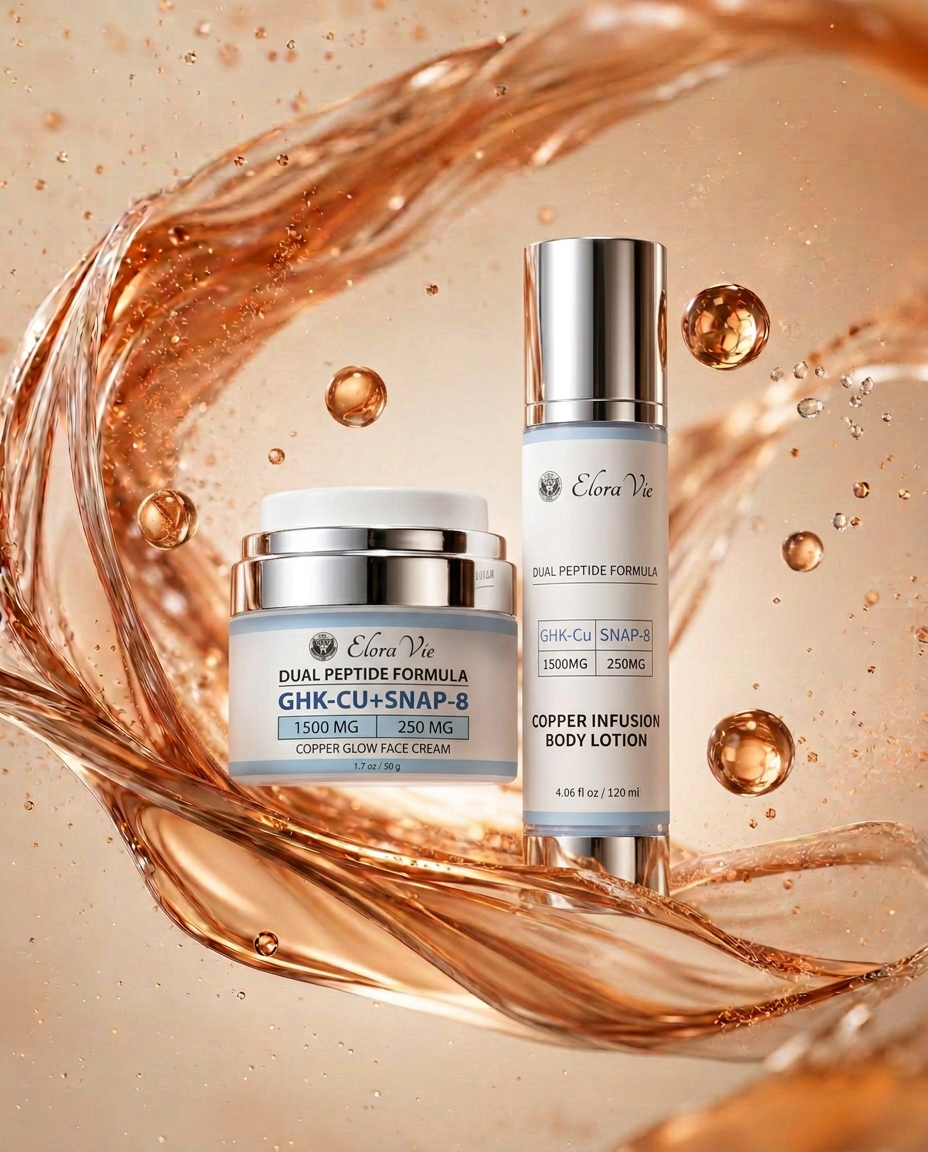 Eloravie Copper Glow Face Cream and Copper Infusion Body Lotion in swirling copper serum