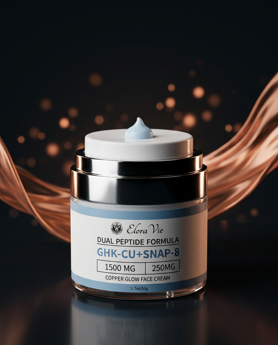 Elora Vie Copper Glow Cream jar with copper ribbons on a dark editorial background