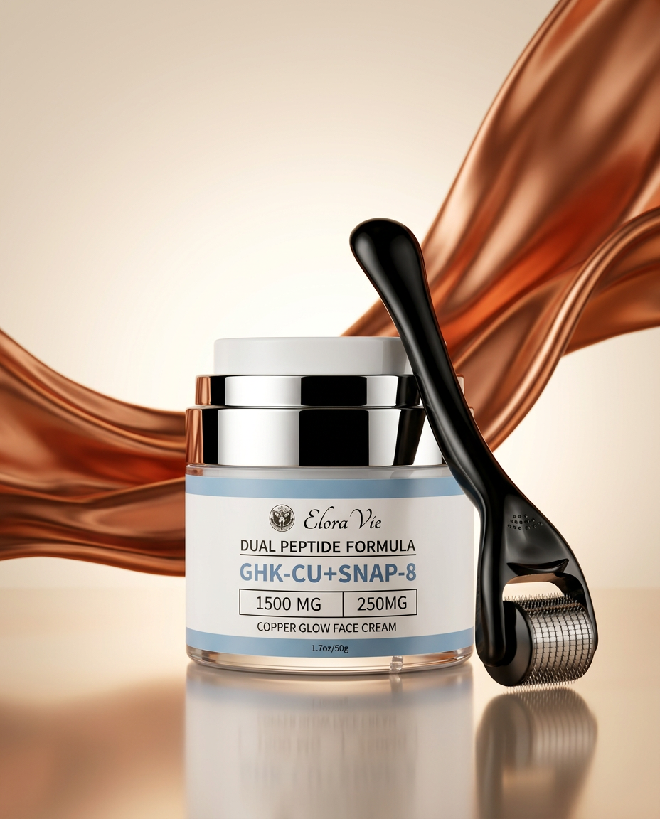Elora Vie Copper Glow Cream jar with derma roller — the ritual